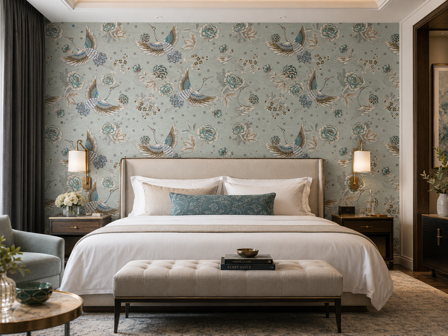 Sage green fabric wall covering with crane motif.