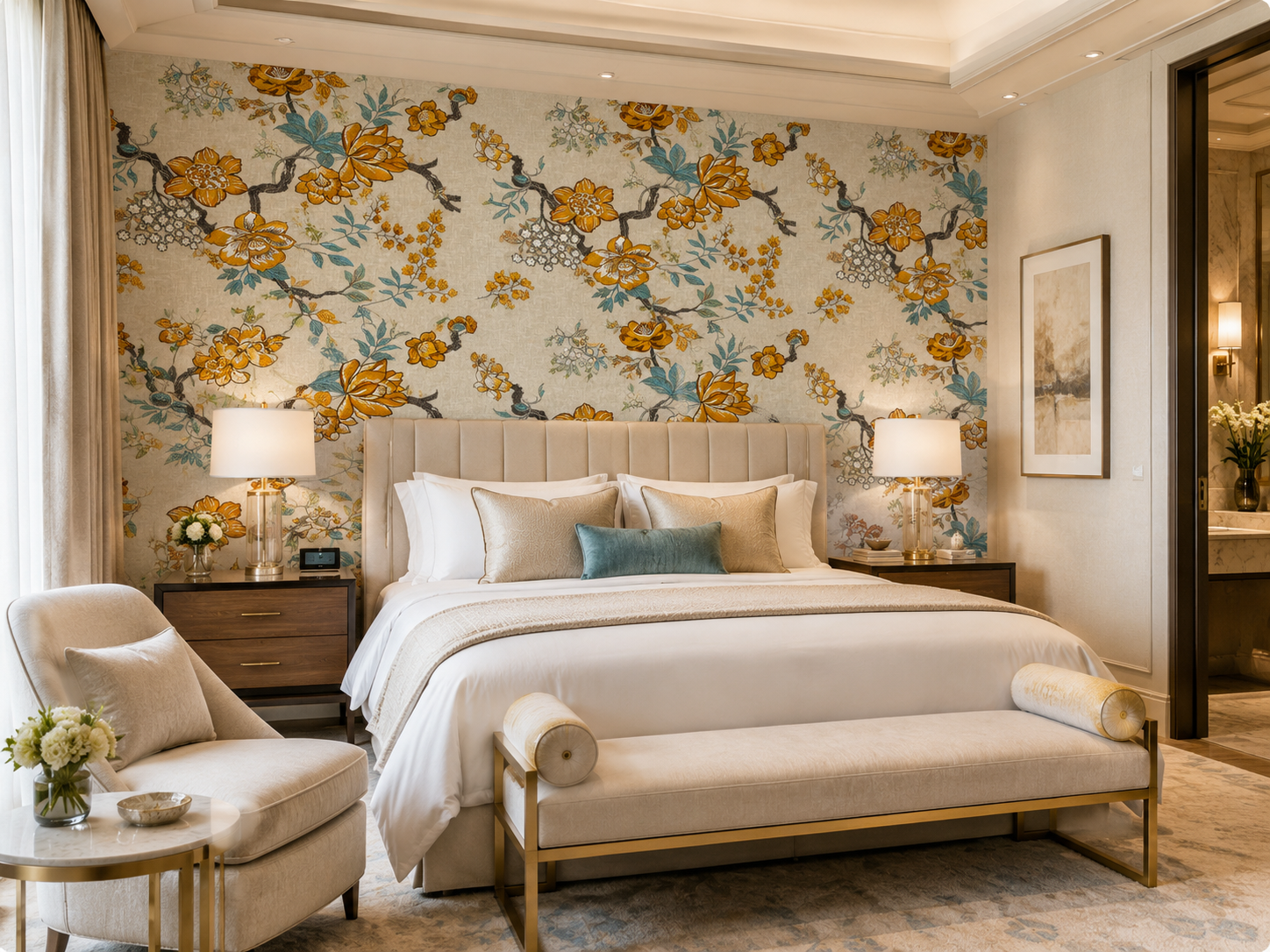 Warm floral and branch pattern wall covering.