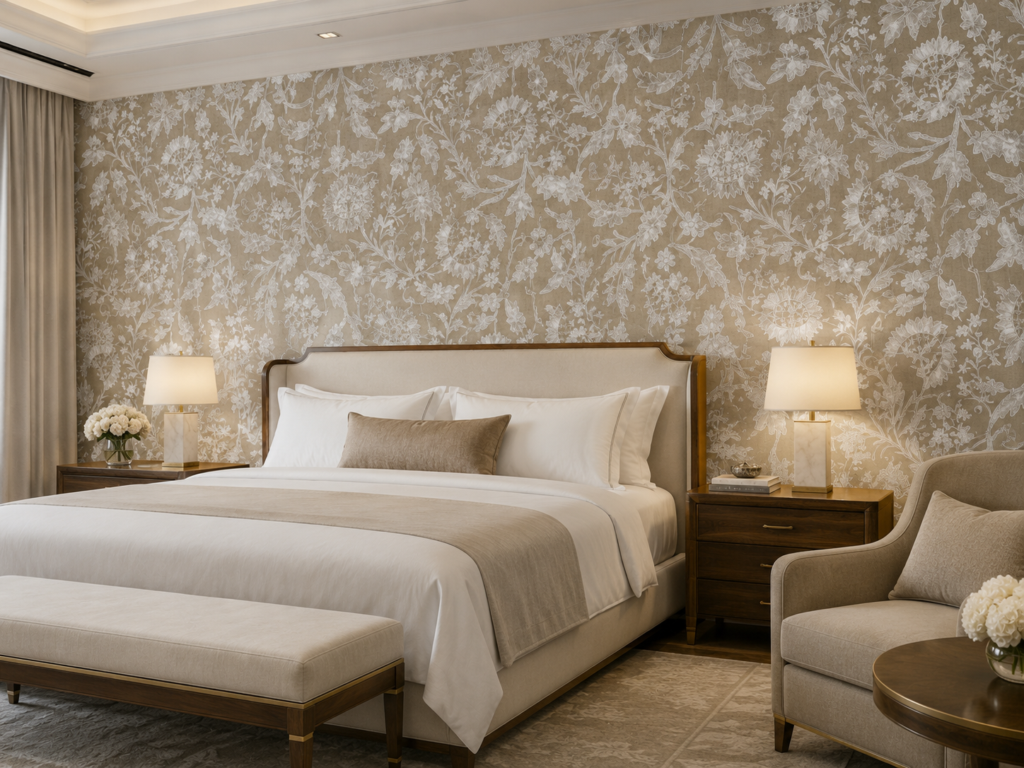 Beige monochrome damask floral wall covering.