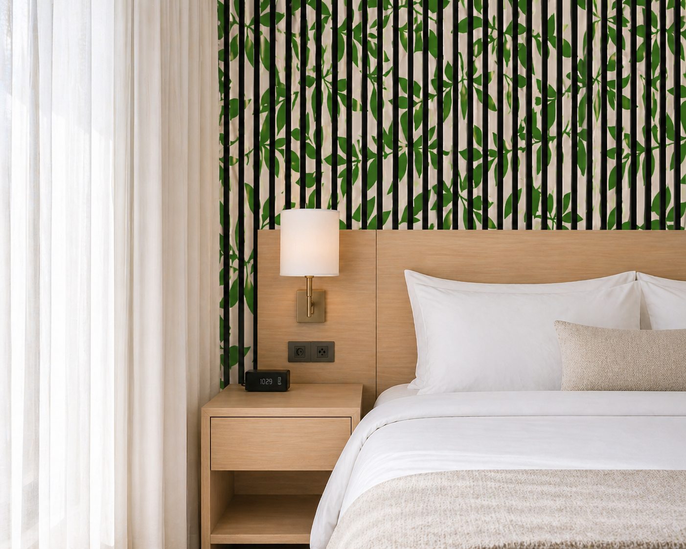 Acoustic panels with a vibrant green leaf pattern.
