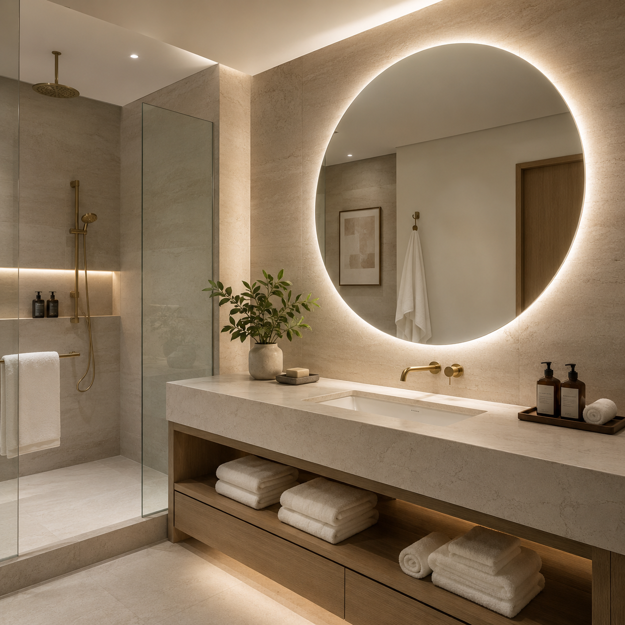 Large glowing circular mirror.