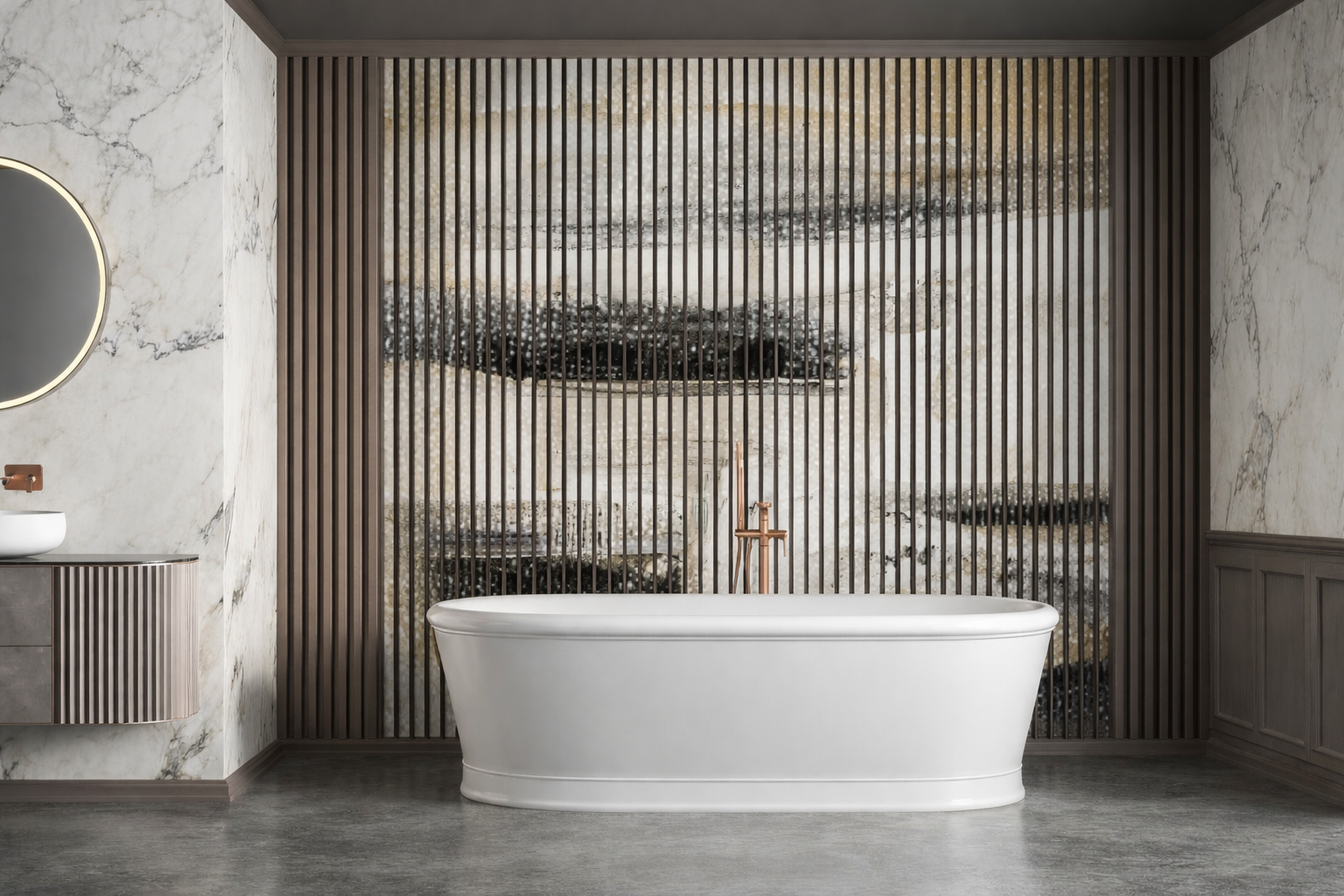 Abstract textured art printed on acoustic wall slats.