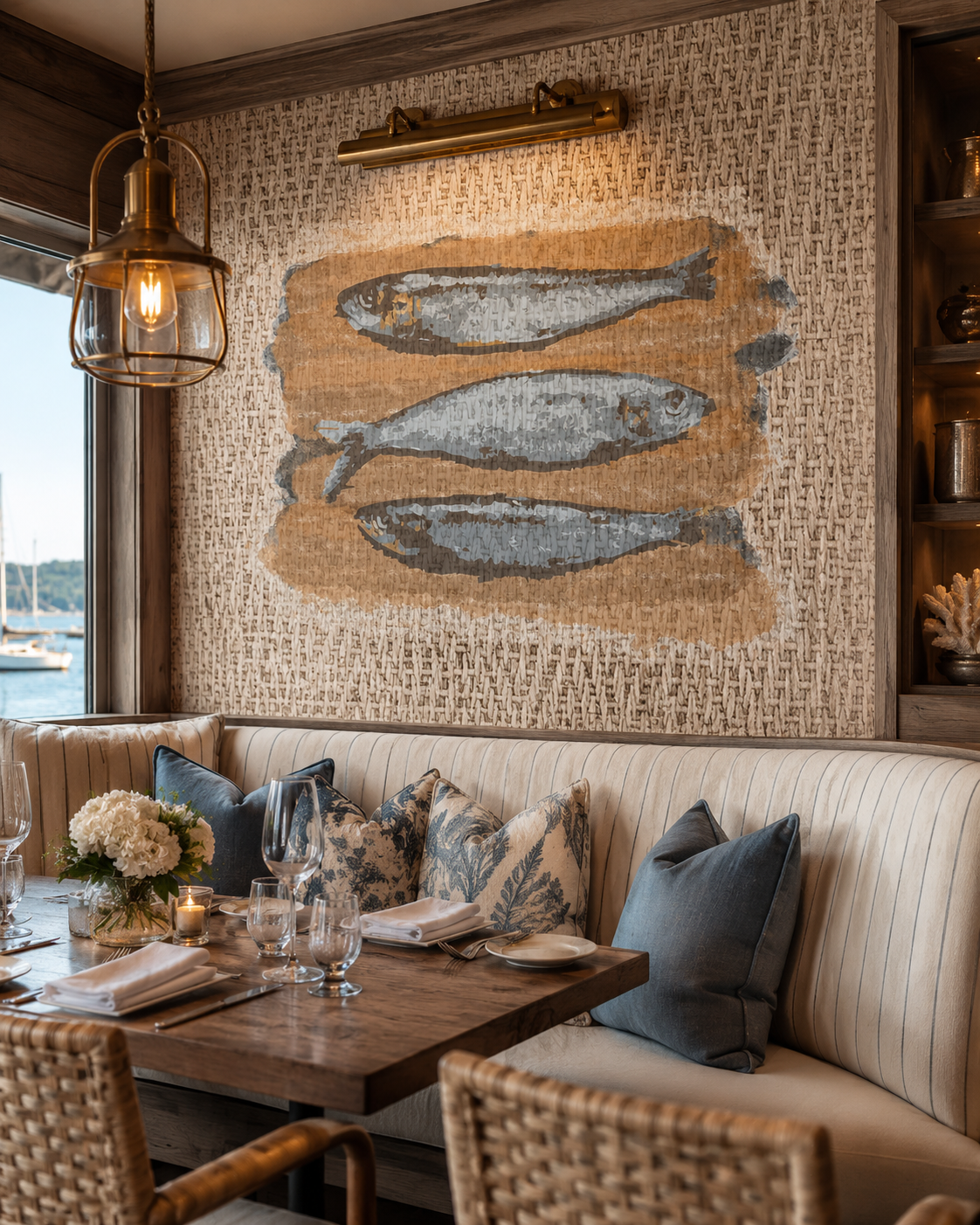 Woven wall featuring a three-fish mural.