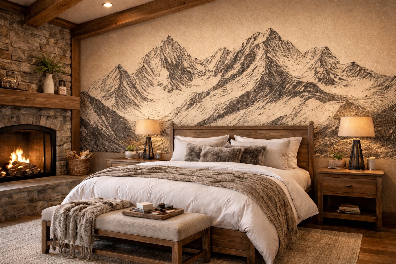 Rustic sketch-style mountain mural 