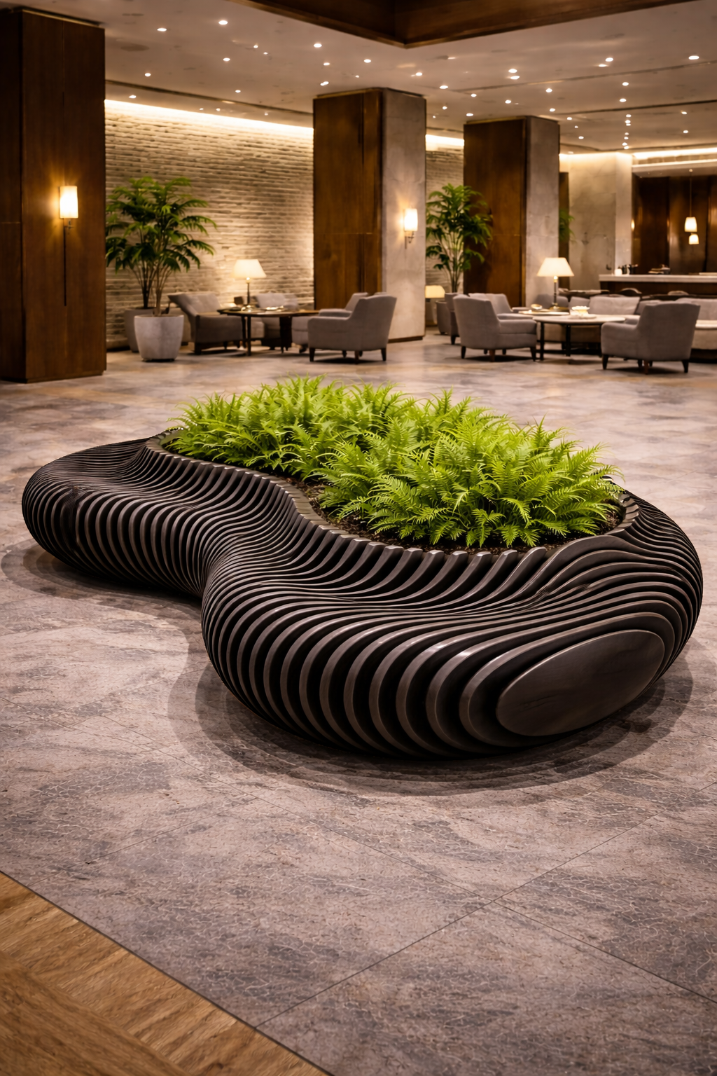 Organic curved slatted bench with integrated fern planter.