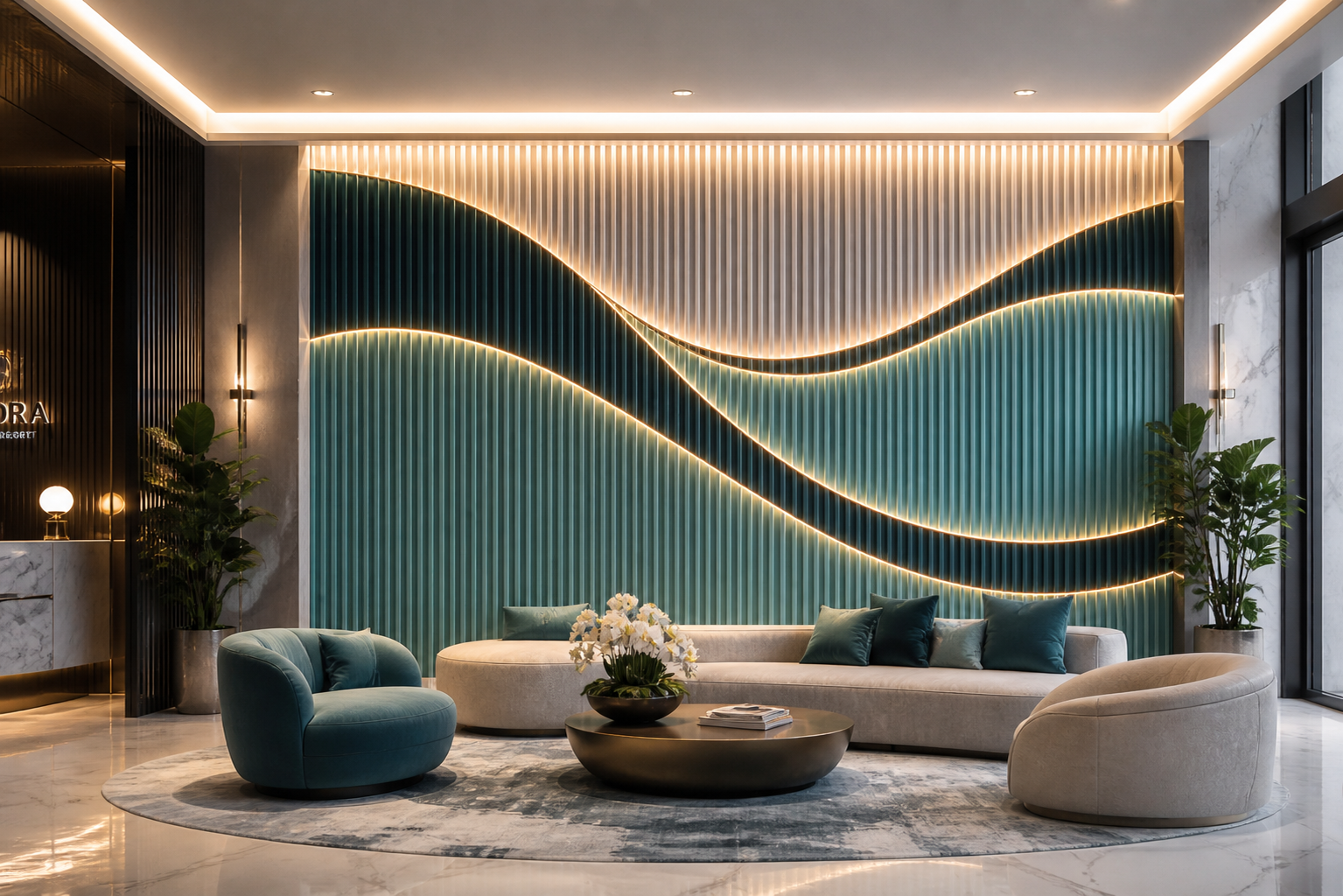 Modern lobby with curved seating and illuminated acoustic panel wall design.