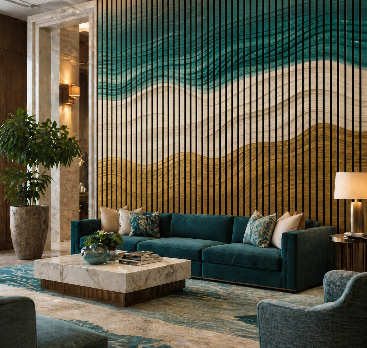 Modern lounge with teal sofa and wave-pattern acoustic panel wall.