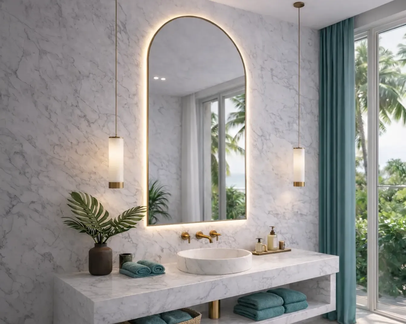 Custom backlit mirror in bathroom