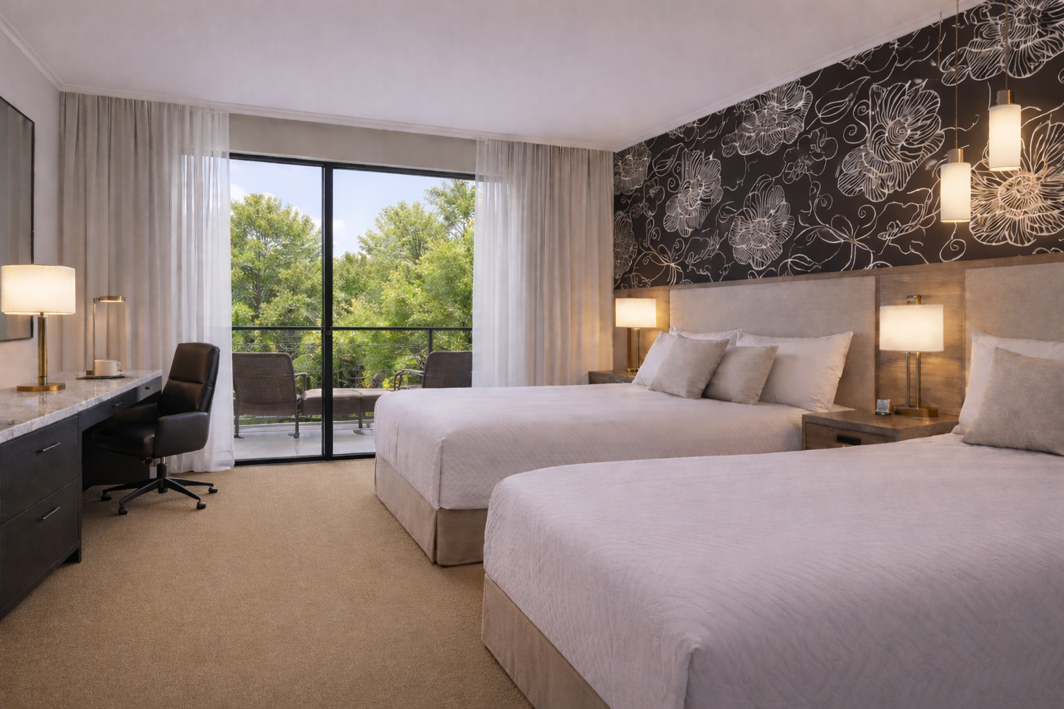 Dark floral line art wallpaper behind two beds.