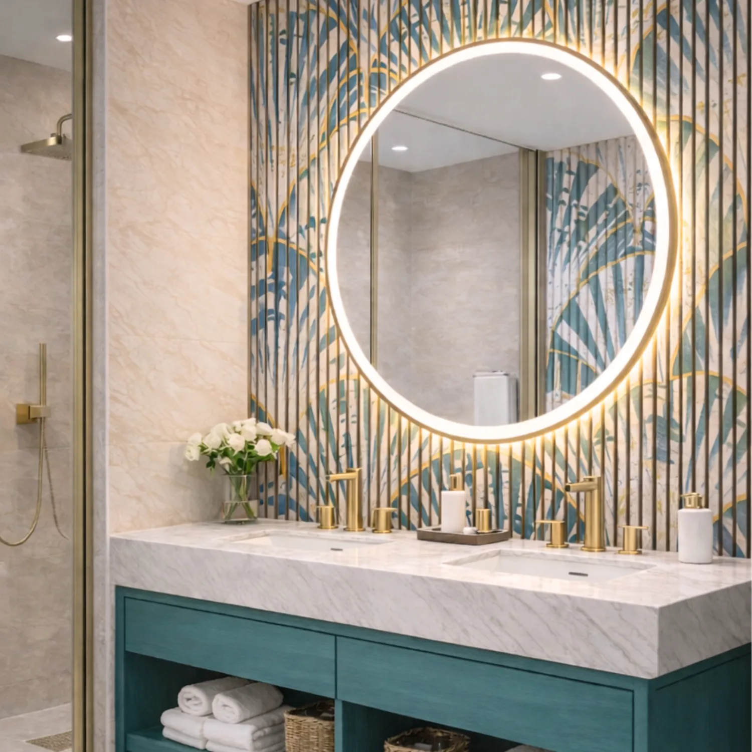 Large round mirror with integrated LED