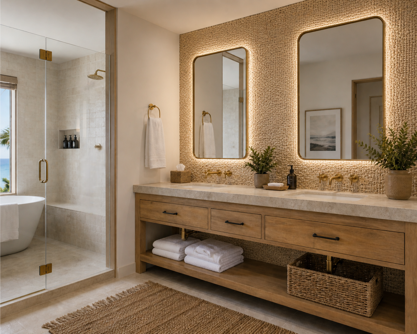 Twin rectangular backlit mirrors.